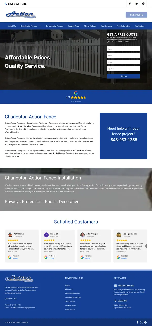 actionfenceofcharleston.com website screenshot