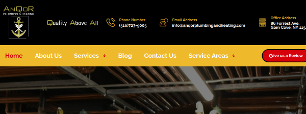 anqorplumbingandheating.com website screenshot