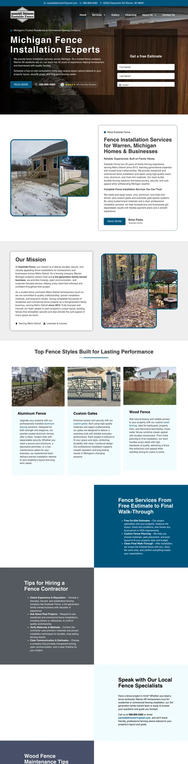 eastsidefencemi.com website screenshot