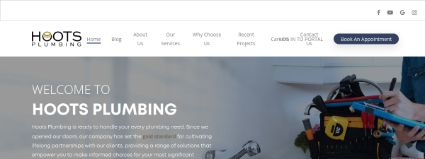 hootsplumbinginc.com website screenshot