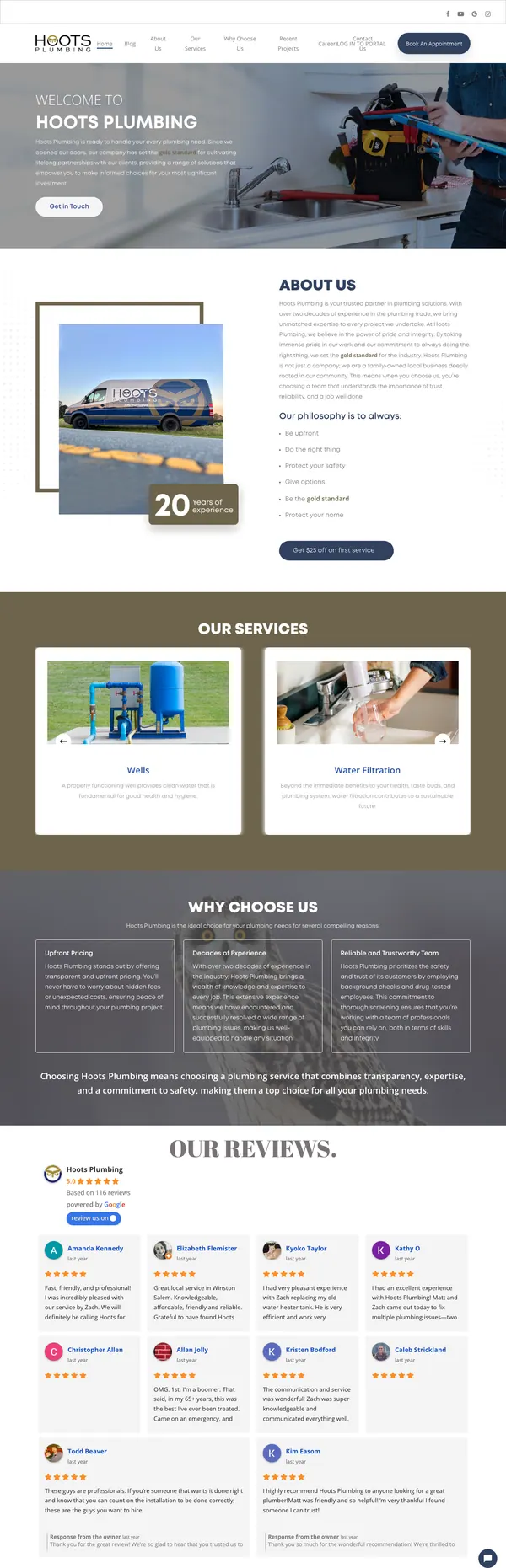 hootsplumbinginc.com website screenshot