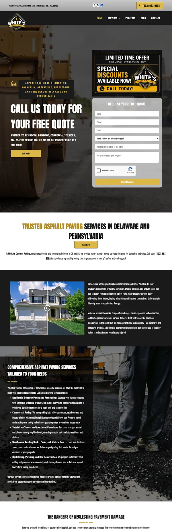 whitescustompaving.com website screenshot